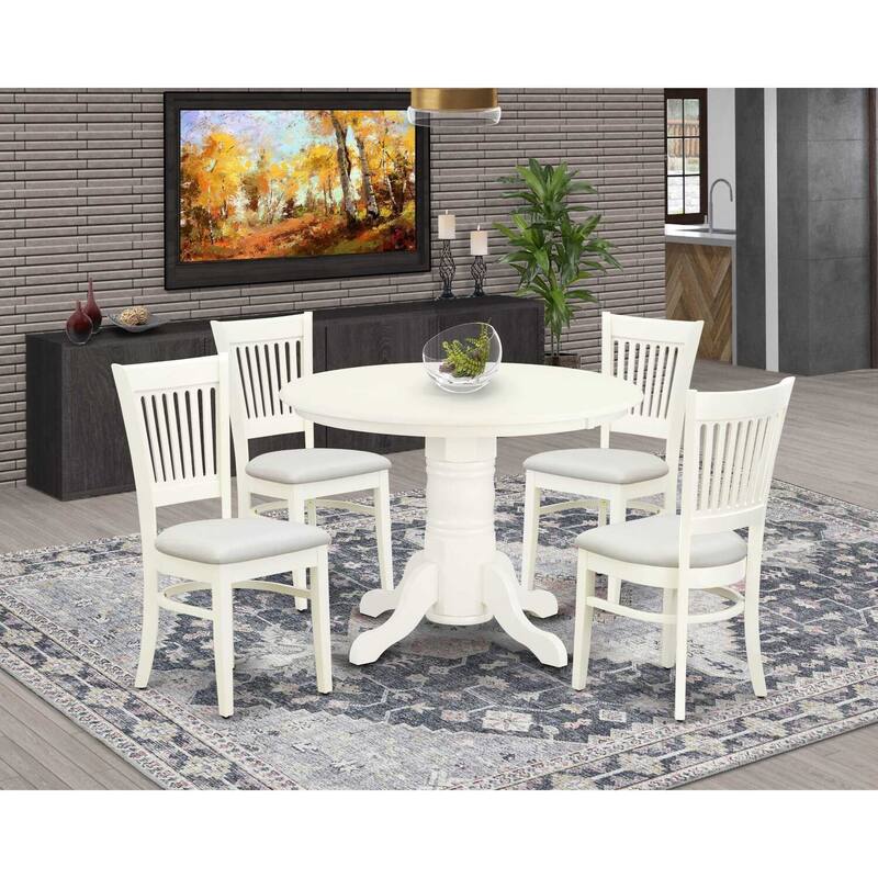 HomeStock 5-Piece Linen White Finish Solid Wood Top Dining table with 4 Chairs with Slat Back