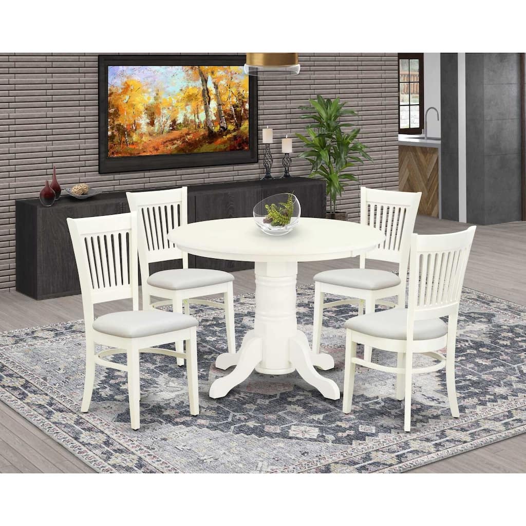 HomeStock 5-Piece Linen White Finish Solid Wood Top Dining table with 4 Chairs with Slat Back