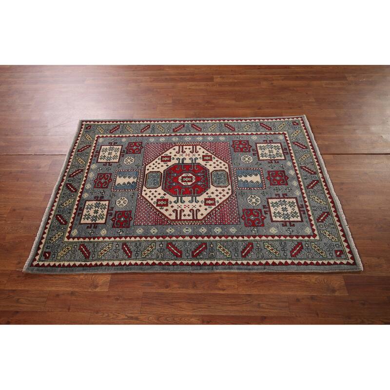 Geometric Kazak Accent Rug Hand-Knotted Wool Carpet - 3'4" x 4'10"