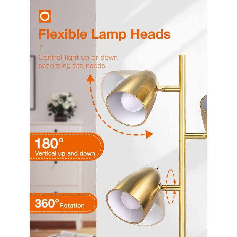Tree Floor Lamp with 3 Adjustable Rotating Lights and Matching LED Bulbs, Standing Tall Pole Lamps - Gold