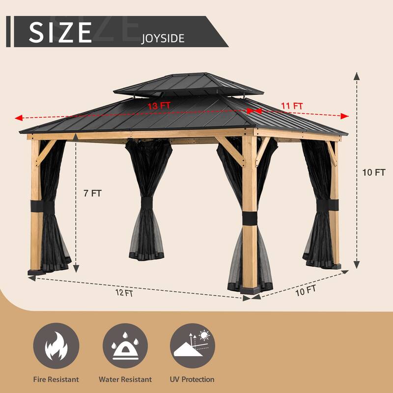 Cozywor 13 ft. x 11 ft. Wood Gazebo with Mosquito Netting Double Steel Roof Hardtop