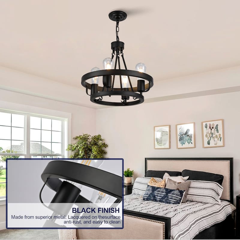Four-Light Plug-In Pendant Lamp, Carriage Wheel Design, Circular Metal Pendant With 39.5-Foot Chain, For Bedrooms Dining Rooms