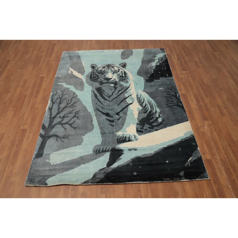 Hand Knotted Oriental Viscose Silk Carpet Modern Pictorial Navy Blue & Blues Abstract Area Rug - 7' 10'' X 5' 9''