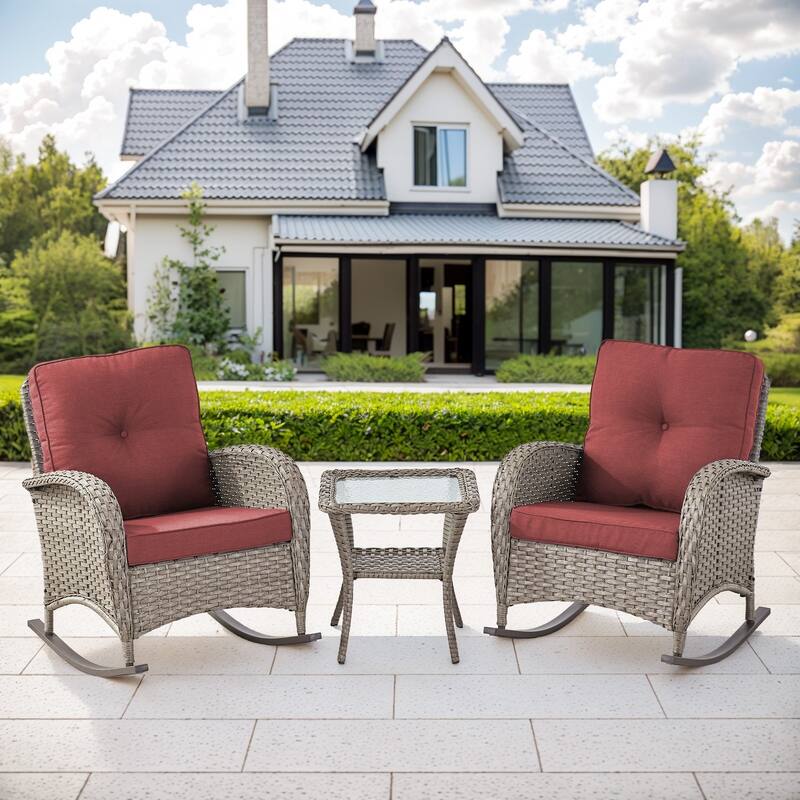 Gymojoy Patio Furniture Set PE Wicker Rocking Chairs & Side Table - 3-Piece - Grey Wicker / Red Cushion