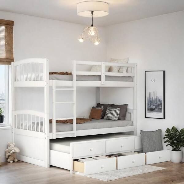 slide 2 of 37, Stylish & Simple Twin Bunk Bed with Ladder, Safety Rail, Twin Trundle Bed with 3 Drawers for Bedroom, Guest Room Furniture