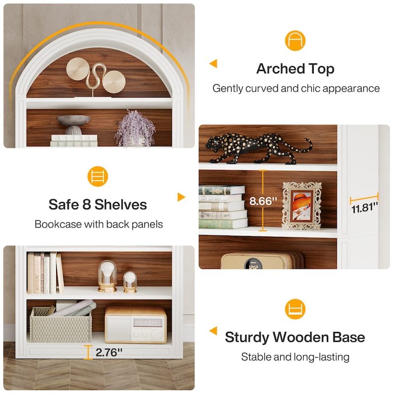 79.5" Tall Arched Bookcase with Storage Shelves