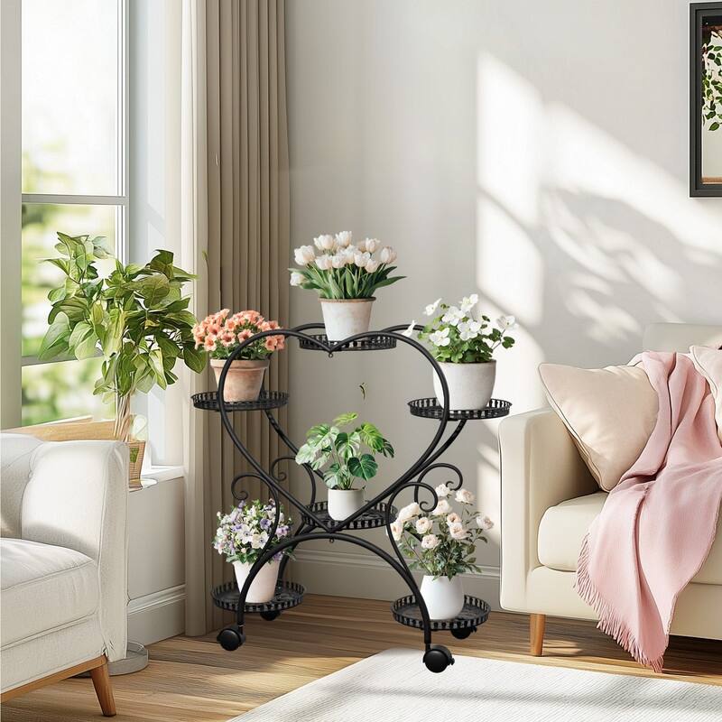 6 Potted Heart Shape Metal Plant Stand Rolling Flower Pot Organizer Display Rack