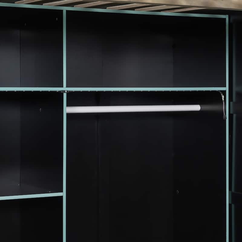 All-in-one Full Size Wood Loft Bed for Gaming & Workspace with Desk, Open Wardrobe, Storage Compartments and RGB Light Strip