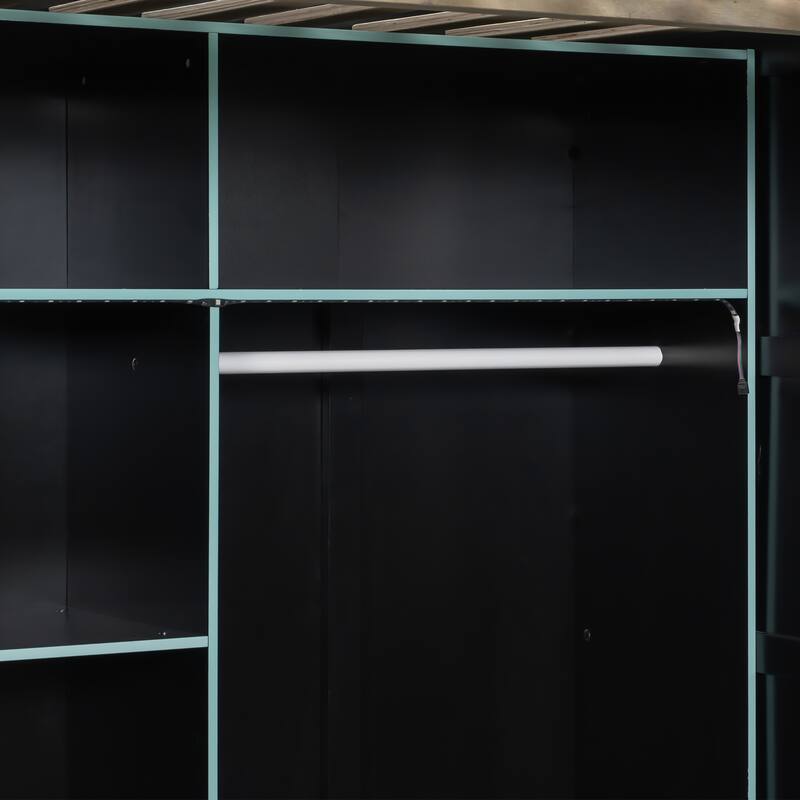 Full Size Wood Loft Bed with Desk, Open Wardrobe, Shelves and RGB LED Lights for Gaming & Storage