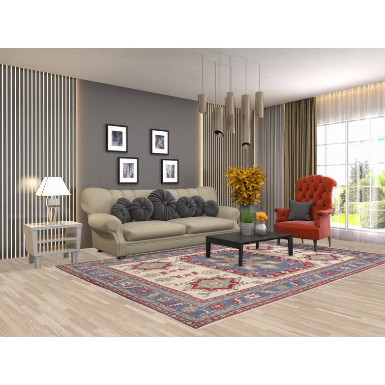 Hand Knotted Oriental 100% Wool Carpet Traditional Geometric Beige & Ivories Kazak Area Rug - 9' 11'' X 6' 8''