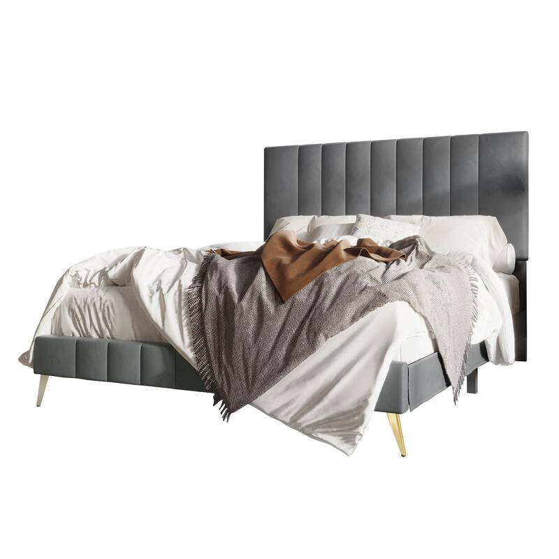 CraftPorch Modern Velvet Tufted Upholstered Gold Accent Platform Bed