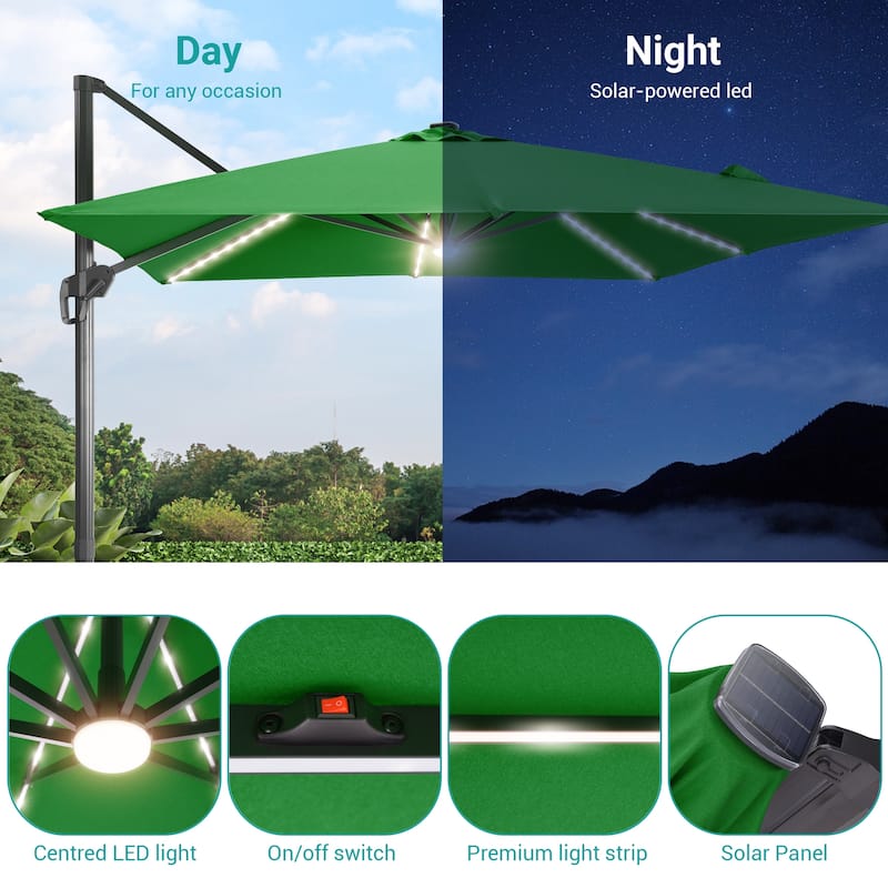BONOSUKI 10x10FT LED Cantilever Patio Umbrella Angle Adjustment w/Base
