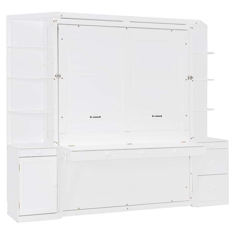 Queen Murphy Bed with Desk & Storage - Hidden Wall Bed with Cabinets and Shelves for Home Office, Includes Lighting