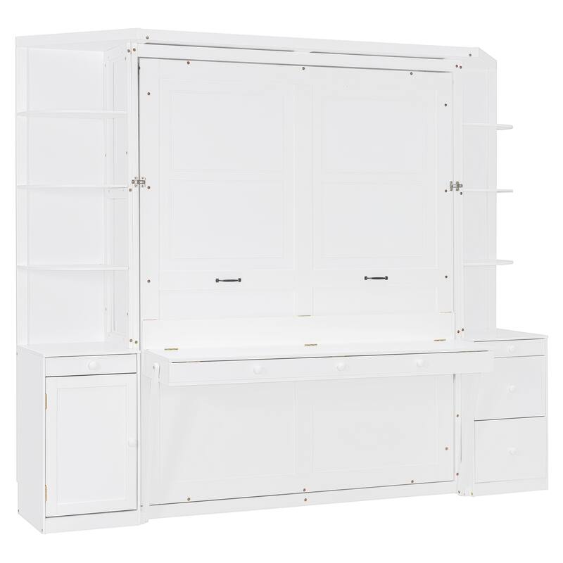 Space Saving Queen Murphy Bed with Integrated Desk, Storage Shelves Hidden Workstation