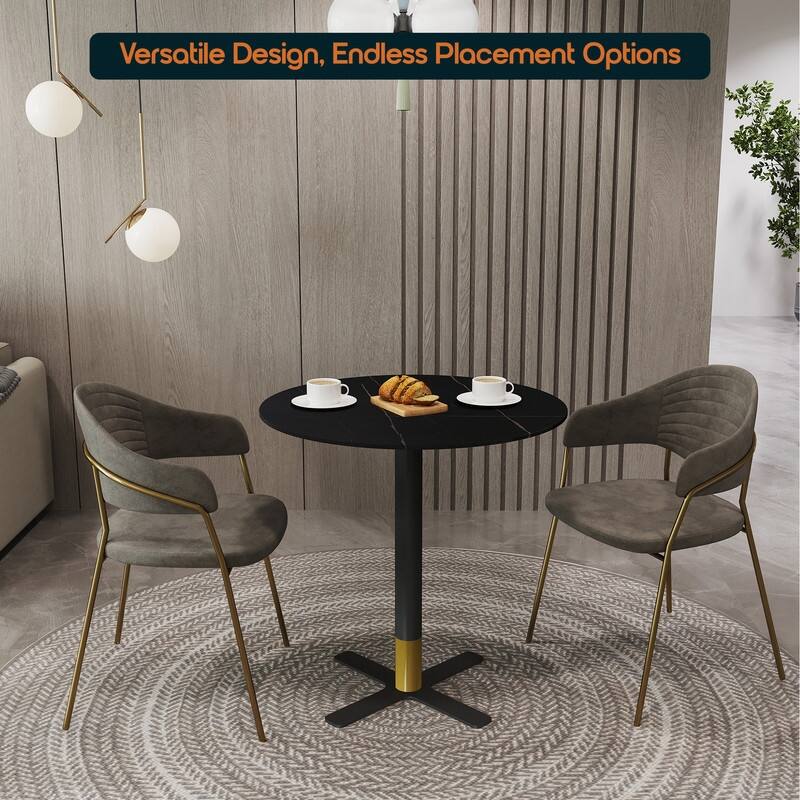 Vail Round Dining Table 27 in. Sintered Stone Tabletop in Black Stainless Steel Cross X-Shape Pedestal Base