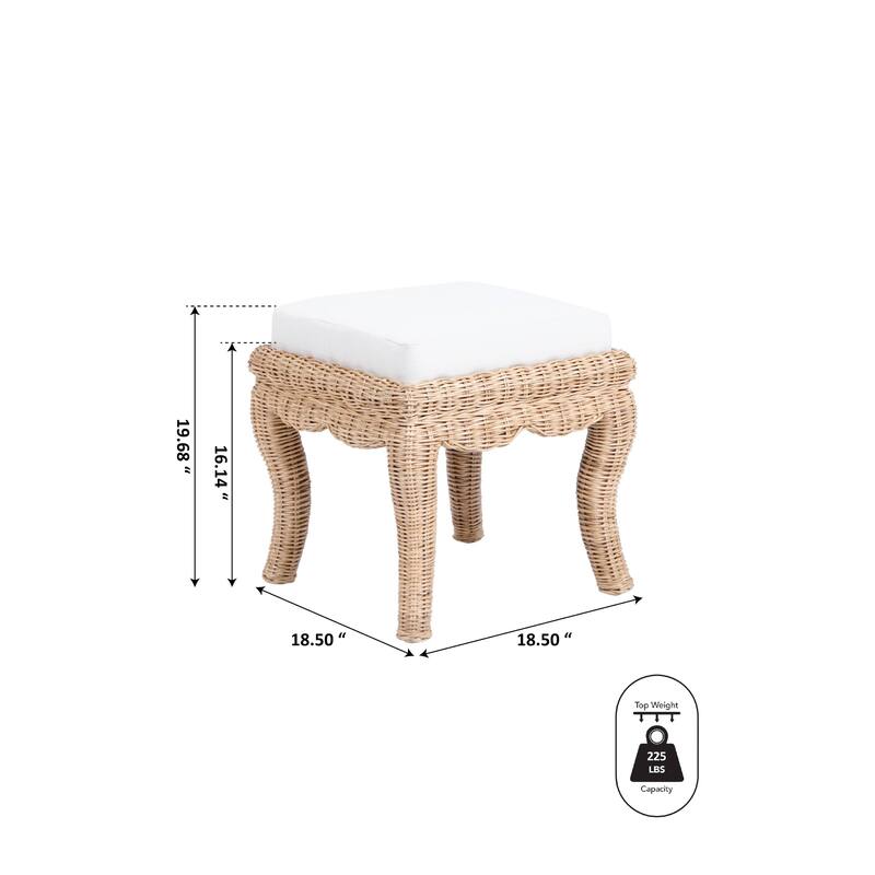 Praerie 19.7" Woven Rattan/Wood Vanity Stool, White Cushion with Natural Frame, by JONATHAN Y - 19.68"