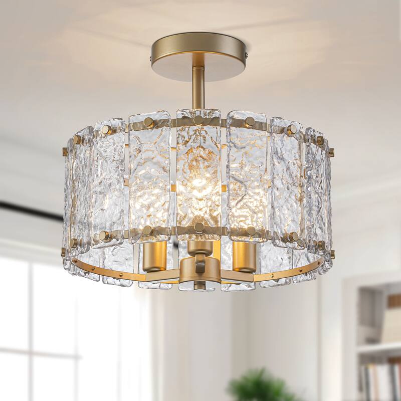 Starsky 4-light 14'' Glass Caged Ceiling Light Round/Square/Rectangle Semi Flush Mount - Gold - Round Glass Shade