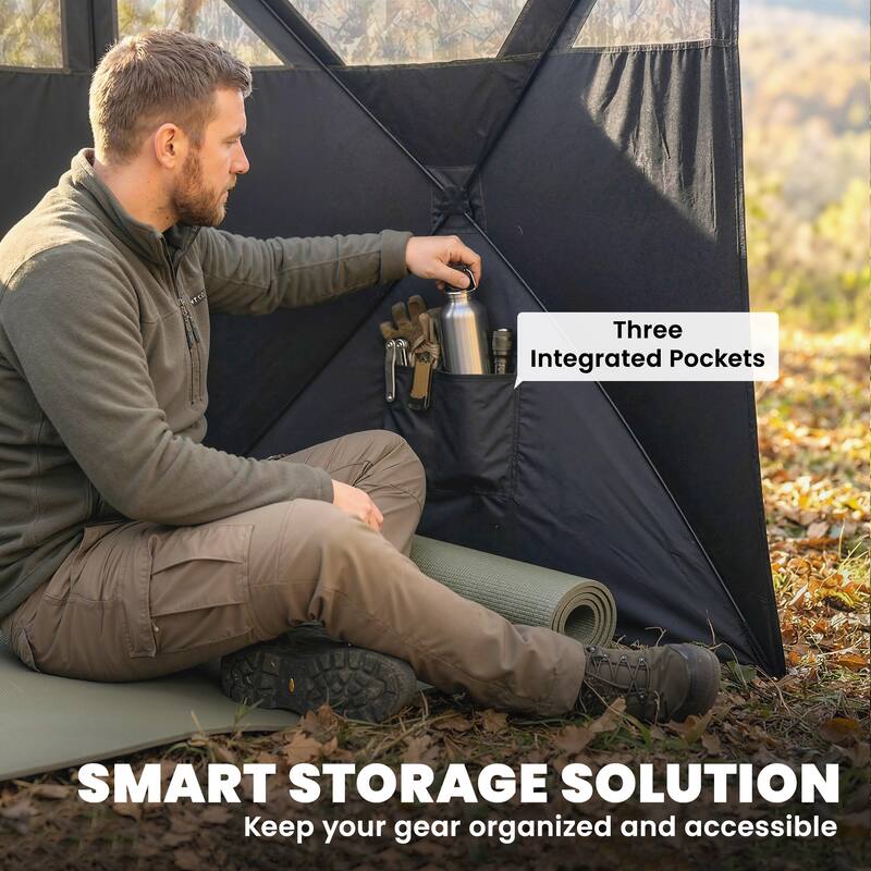 Outsunny Hunting Blind with One-Way View Mesh, 3-Panel Blind See Through with Wind Screen, 3 Storage Pockets