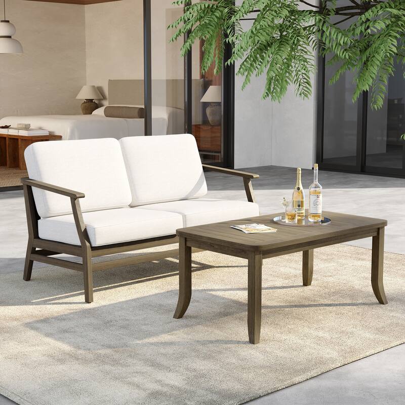 Outdoor Loveseat Sofa with Coffee Table Teak Wood Patio Furniture - NaturalFrame-Beige