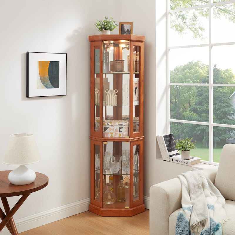 Corner Display Cabinet, Antique Collection with Glass Door, Shelves & Light - Dark Oak