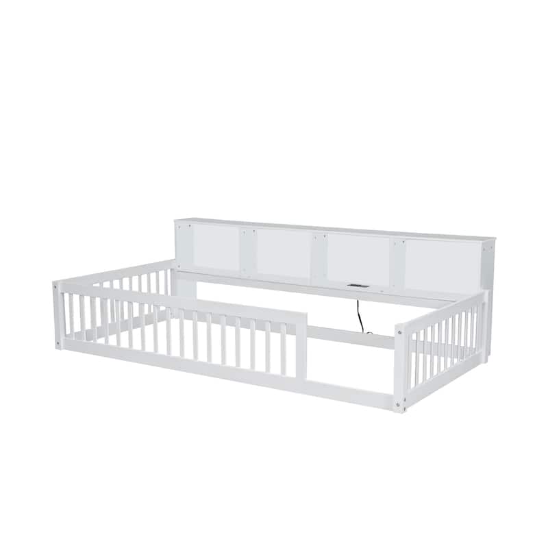 Wood Twin XL Size Floor Bed with Storage Cabinets and USB Ports, Solid Wood Bedframe w/Fence, No Box Spring Needed