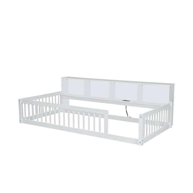 Wood Twin Xl Size Floor Bed With Storage Cabinets And Usb Ports