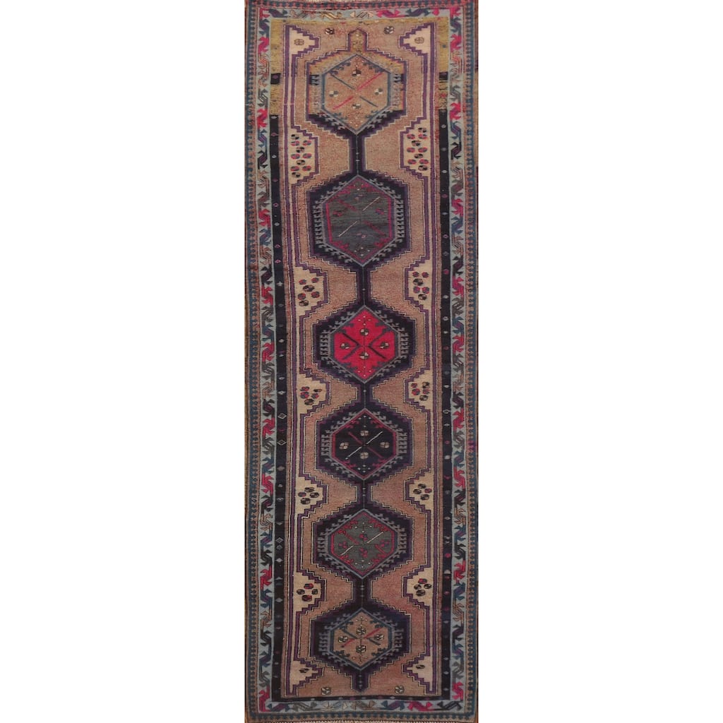 Brown Ardebil Persian Vintage Runner Rug Handmade Hallway Wool Carpet - 3'8" x 12'8"