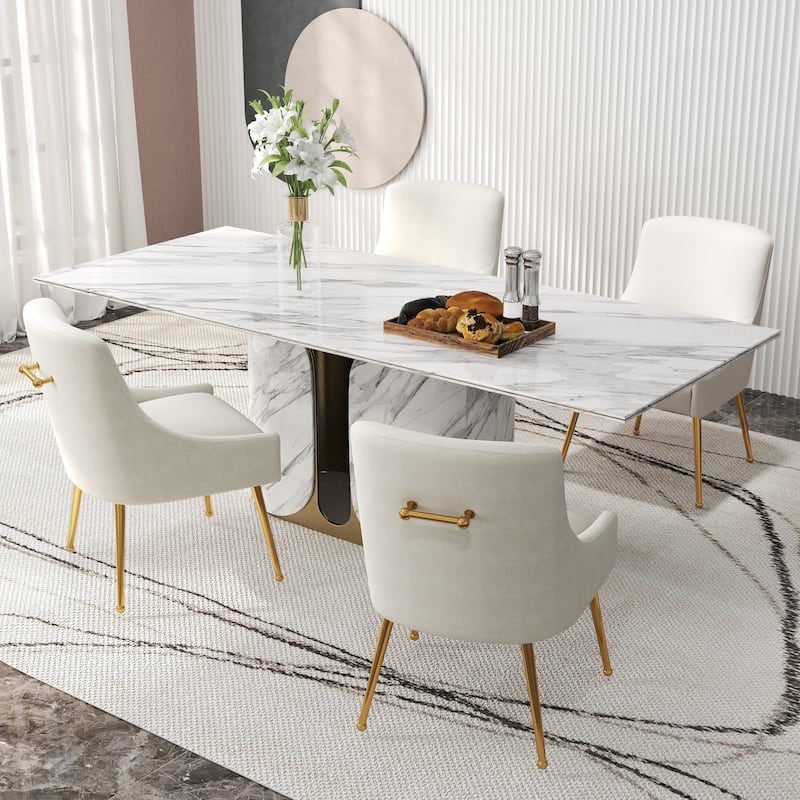 SEYNAR Velvet Upholstered Dining Chair Set of 4, Modern Glam Armless Side Chair - Beige