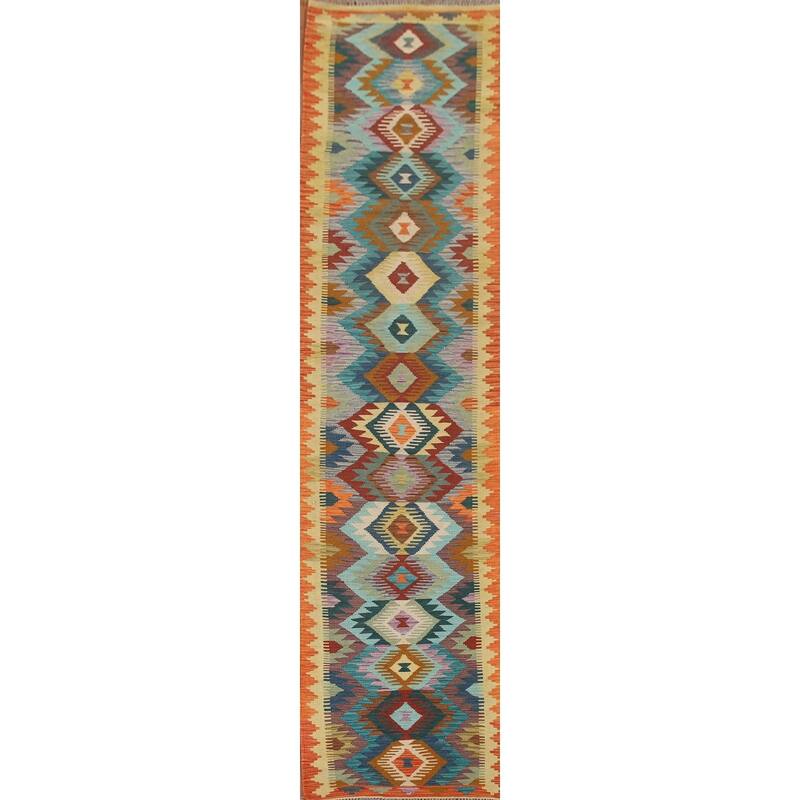 Hand Woven Oriental 100% Wool Carpet Southwestern Geometric Multi-Colored Kilim Runner Rug - 12' 6'' X 2' 7''