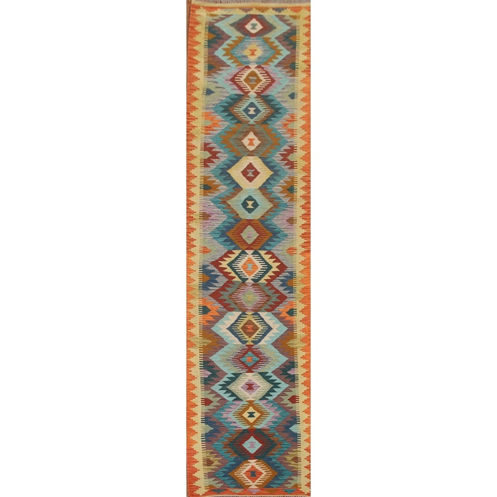 Hand Woven Oriental 100% Wool Carpet Southwestern Geometric Multi-Colored Kilim Runner Rug - 12' 6'' X 2' 7''