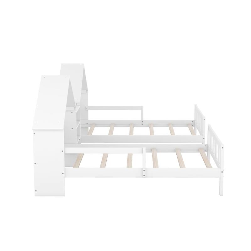 Double Twin Size Platform Beds with Headboard and Built in Nightstand