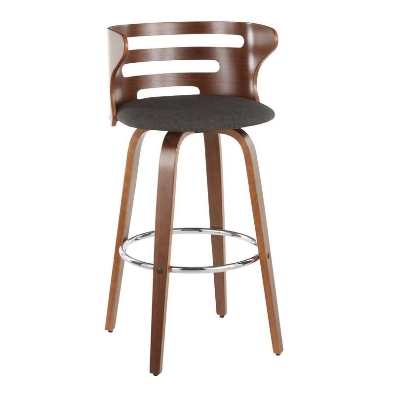 Carson Carrington Cranagh 30" Fixed-Height Bar Stool with Bent Wood Legs & Round Footrest (Set of 2) - Charcoal Fabric/Walnut/Chrome