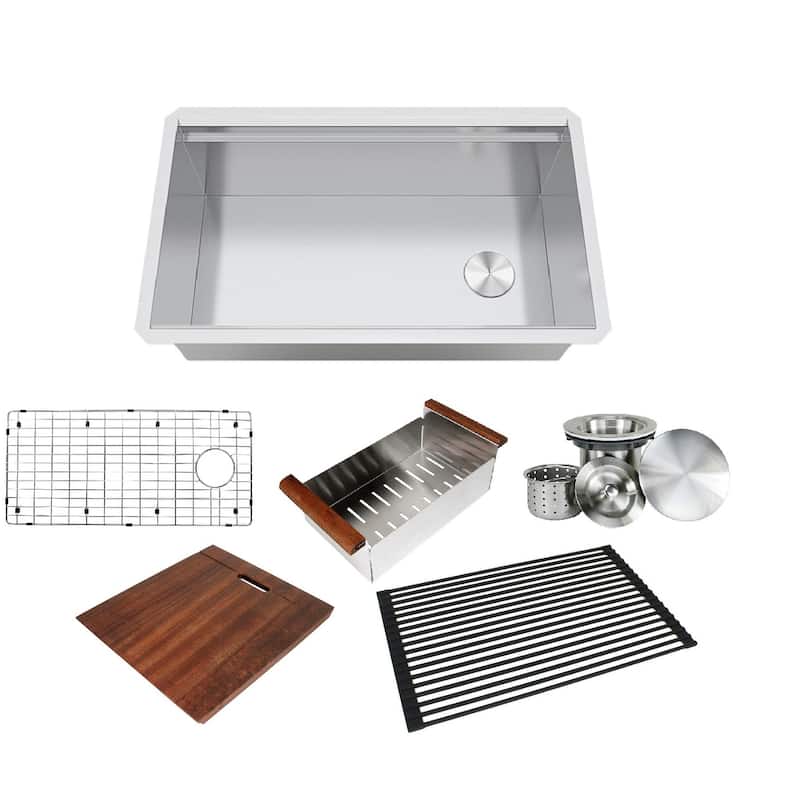 32 in. Stainless Steel ALL-IN-ONE Workstation 16-Gauge Undermount Single Bowl Kitchen Sink w/ Build-in Ledge and Accessories