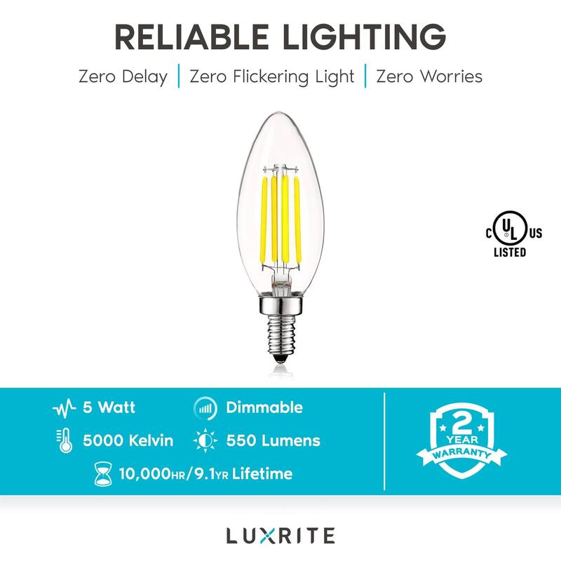 Luxrite 5W Vintage E12 LED Bulb 60W Equivalent, 550 Lumens, Dimmable Candelabra LED Bulbs, Clear Glass (6 Pack)