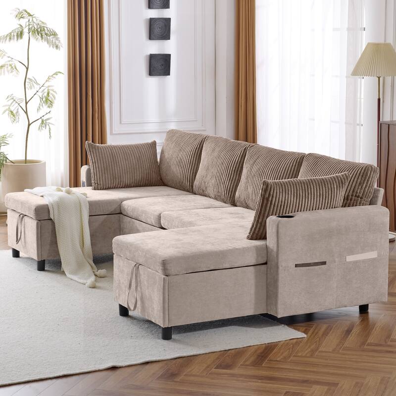 111.8" Chenille U-Shaped Sectional Sleeper Sofa with USB & Storage