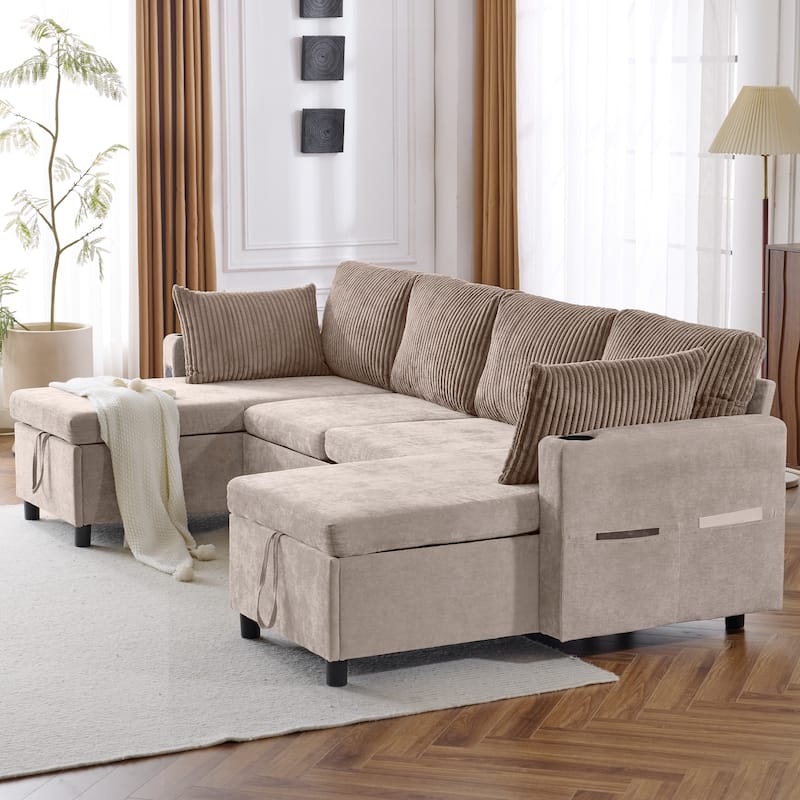 Chenille Sectional Sofa Convertible Sleeper Sofa, U Shaped Couch Sofa with 2 Storage Chaise Lounges and 2 Pillows