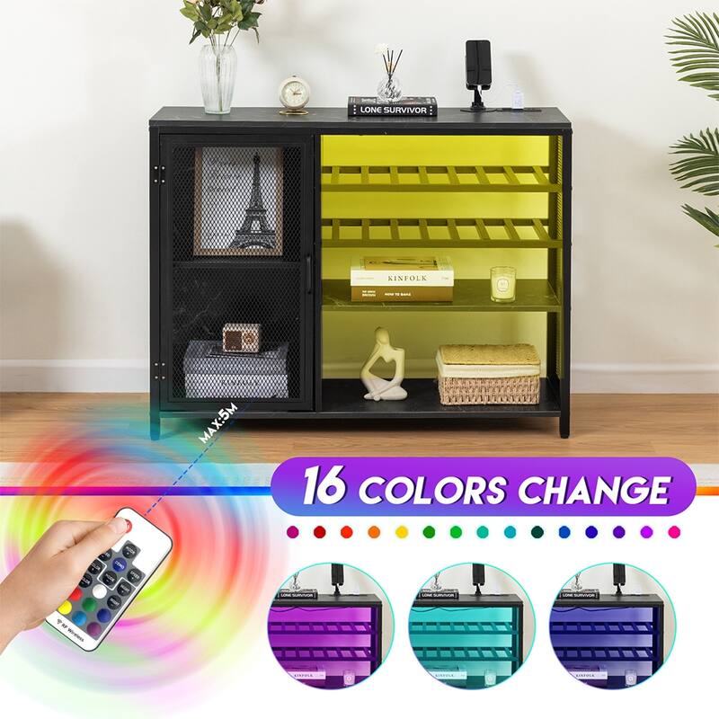 Modern Bar Sideboard Buffet Storage Cabinet with LED Lights and USB Socket, Black Wine Bar Cabinet - 43.31In*13.78in*32.87in