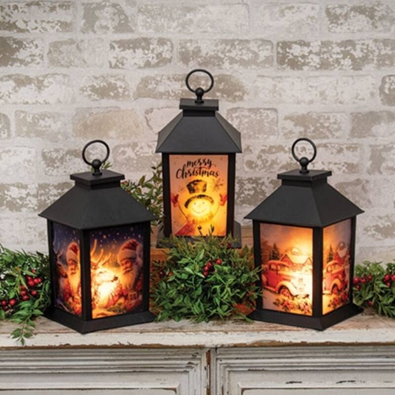 LED Black Christmas Decorative Lanterns with Snowman Santa Red Truck Designs 3 Asstd. - 10" H x 5.5" W x 5.5" D