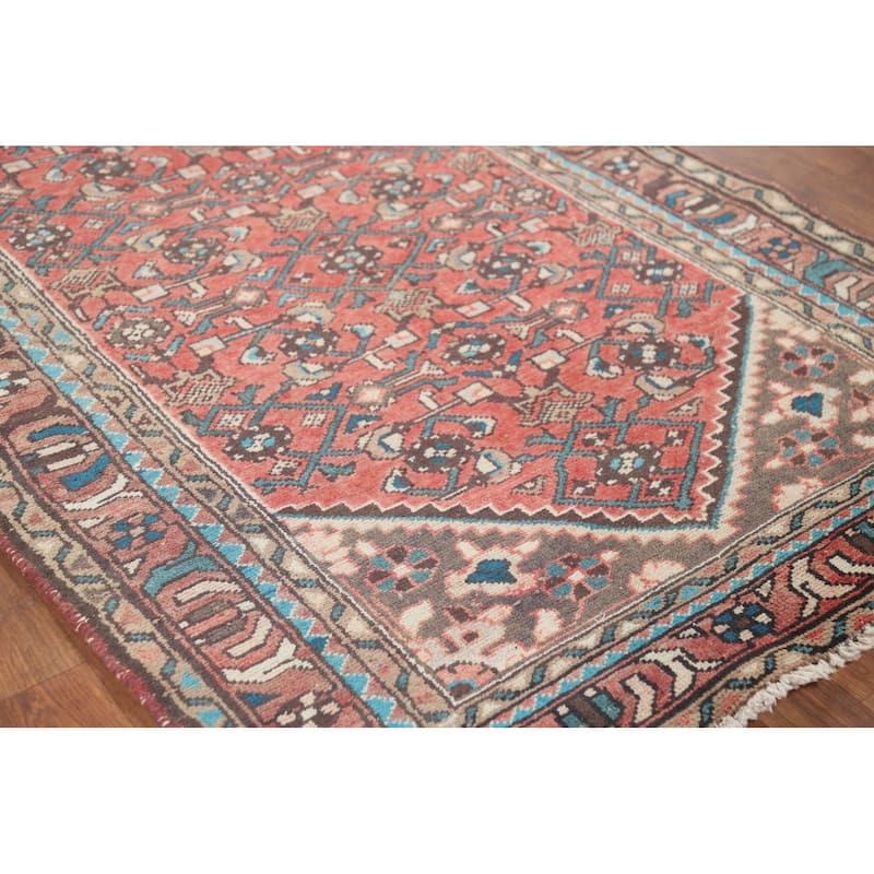 Geometric Hamedan Persian Vintage Runner Rug Hand-Knotted Wool Carpet - 3'7" x 10'3"