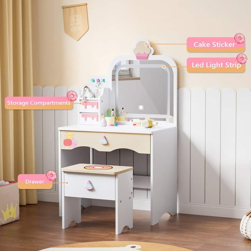 Kids Makeup Desk Vanity Table Set With Cloud-Like Lights And Drawer For Little Girls Ages 3-8 - N/A