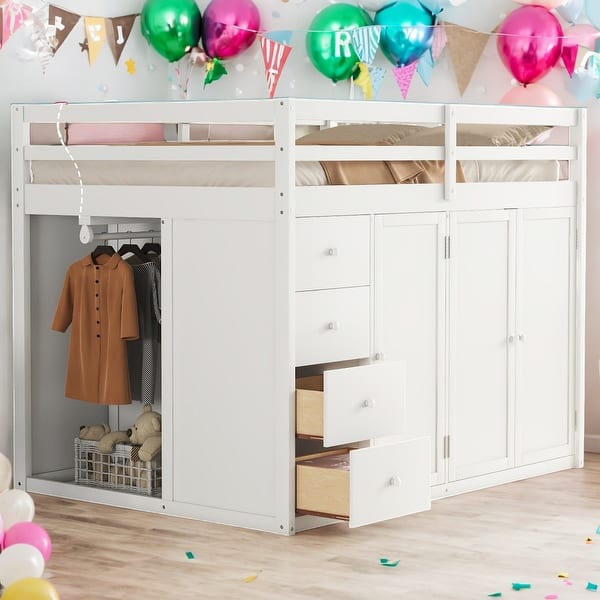 slide 2 of 18, Full Size Loft Bed With Built-in Wardrobes,Cabinets And Drawers for Home White