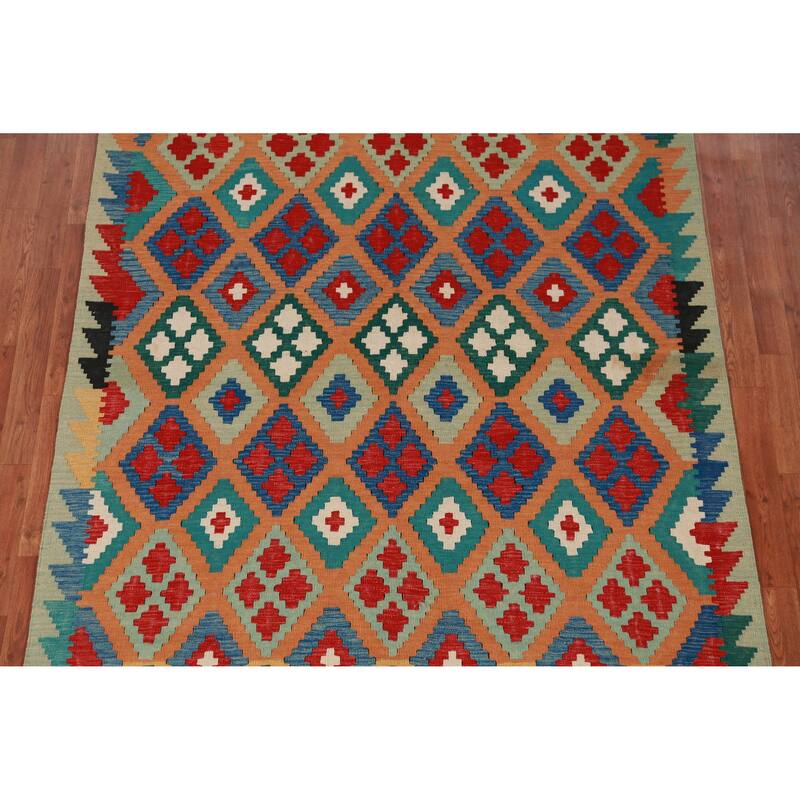 Hand Woven Oriental 100% Wool Carpet Southwestern Geometric Oranges & Rust Kilim Area Rug - 8' 6'' X 5' 7''