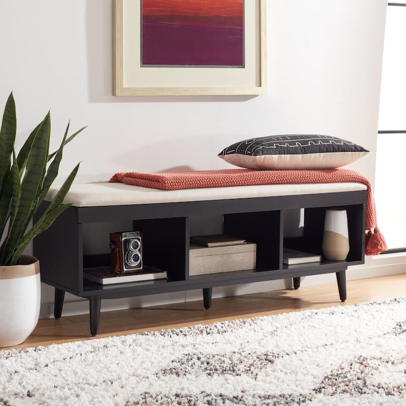 SAFAVIEH Cricket Mid-Century Modern Open Shelf Storage Bench with Cushion - Cream  Linen/Black