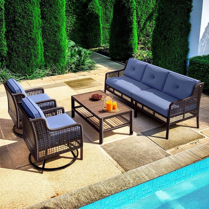 Modern All-Weather PE Wicker 5-Piece Sectional Patio Set with 360° Swivel Chairs - Blue