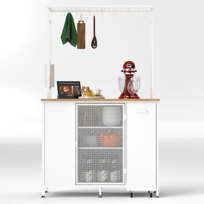 Kitchen Island with Storage Space, Breakfast Bar with Folding Flip-Up Panel, Large Coffee Bar Table with Hooks