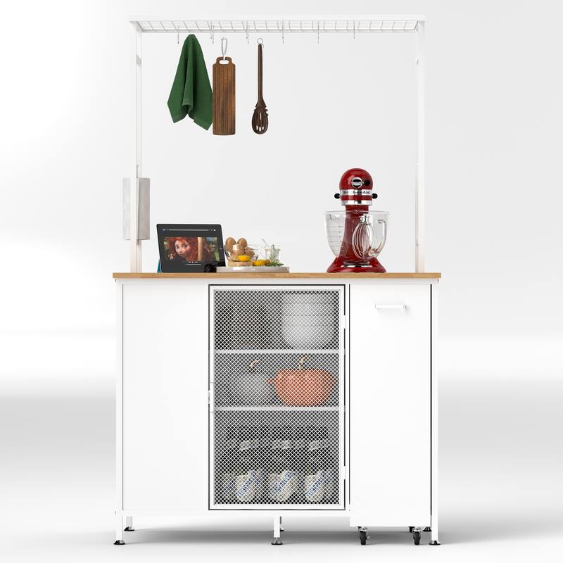 Rolling Kitchen Island Large Storage Cabinet with Folding Flip-Up Panel, Metal Coffee Bar Table Organizer Workstation w/ Drawers