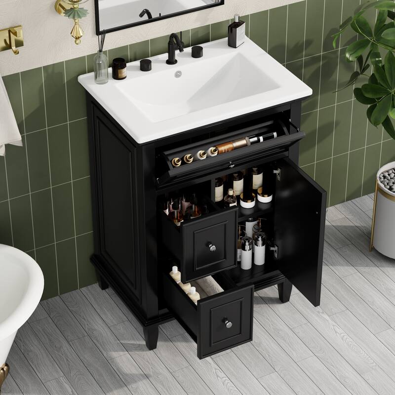 24" Bathroom Vanity with Sink - Solid Wood/MDF Cabinet, Flip Drawer + 2 Drawers, Adjustable Shelf - Black