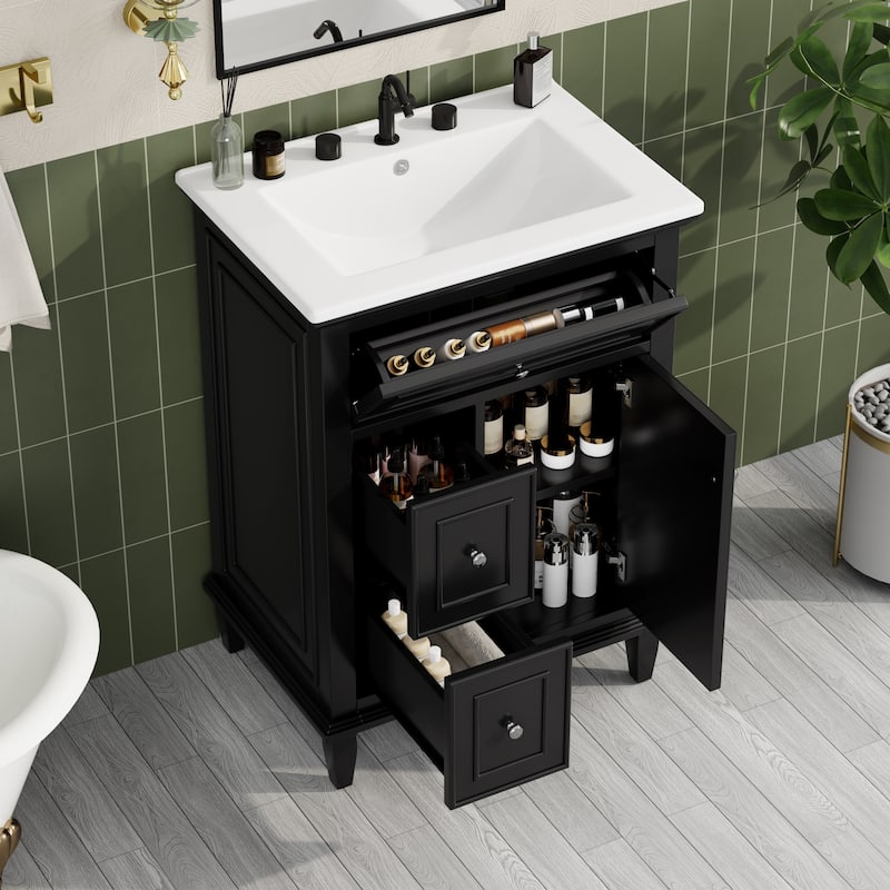GDFStudio - Sophia 24-Inch Bathroom Vanity with Ceramic Sink, Flip Drawer and Adjustable Storage