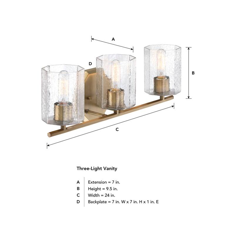 Haven 24 in. 3-Light Old Satin Brass Vanity Light with Clear Rippled Glass Shades for Bathrooms