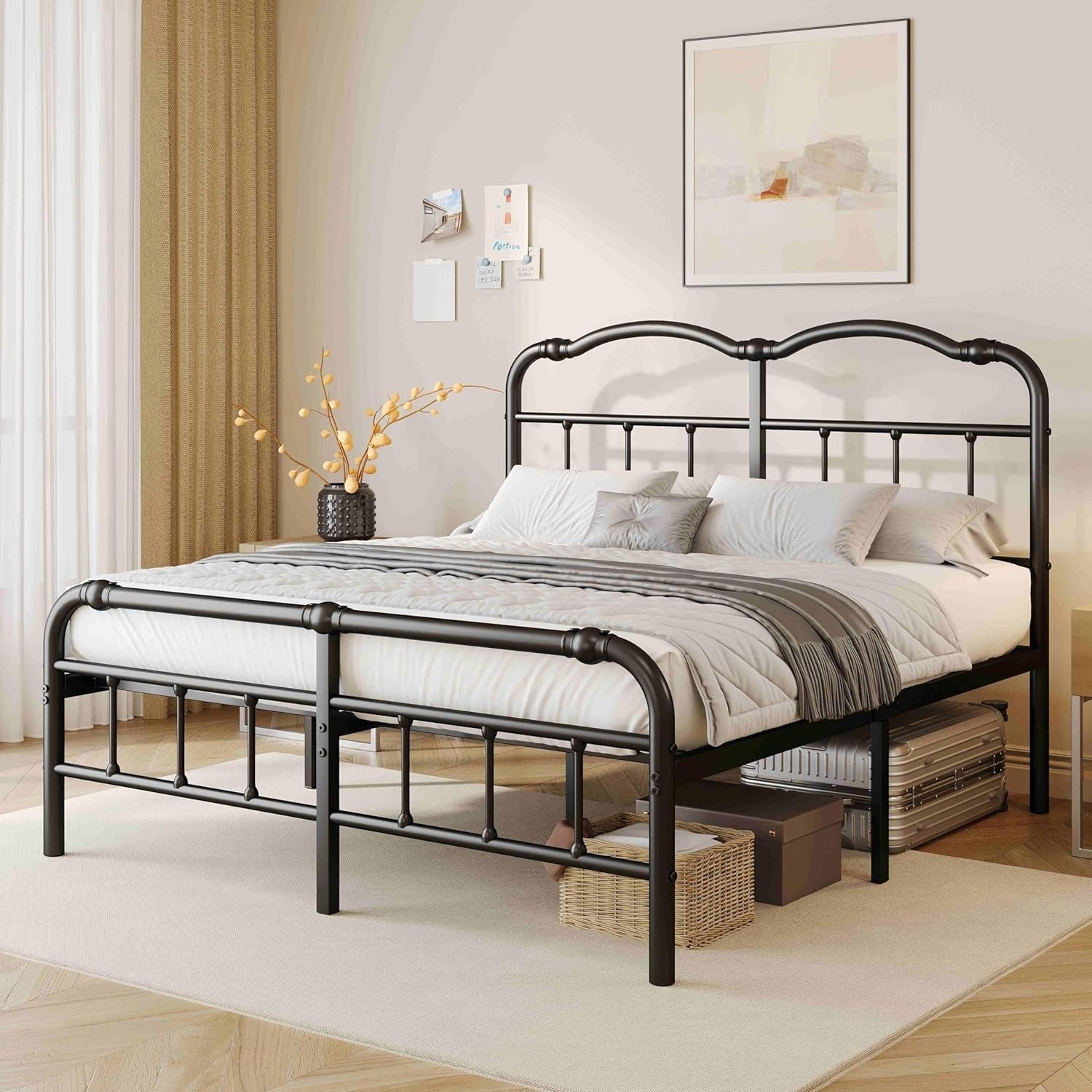 Victorian-Inspired King Size Metal Bed Frame with Storage, Noise-Free, Easy Assembly